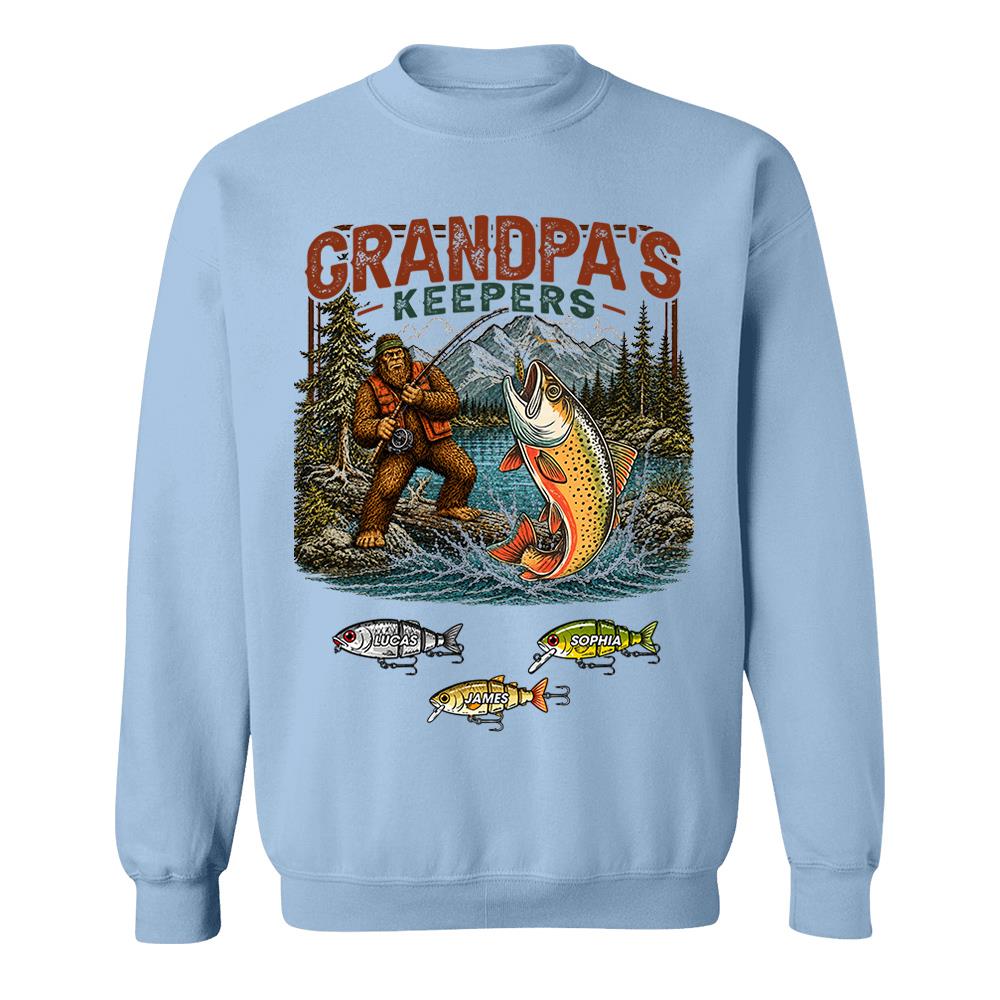 Grandpa's Keepers Bigfoot Fishing Shirt, Personalized Dad Shirt With Custom Kids, Bigfoot Fisherman Father's Day Gift, Gift for Dad Na02 Nh00