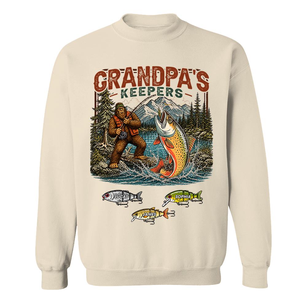 Grandpa's Keepers Bigfoot Fishing Shirt, Personalized Dad Shirt With Custom Kids, Bigfoot Fisherman Father's Day Gift, Gift for Dad Na02 Nh00