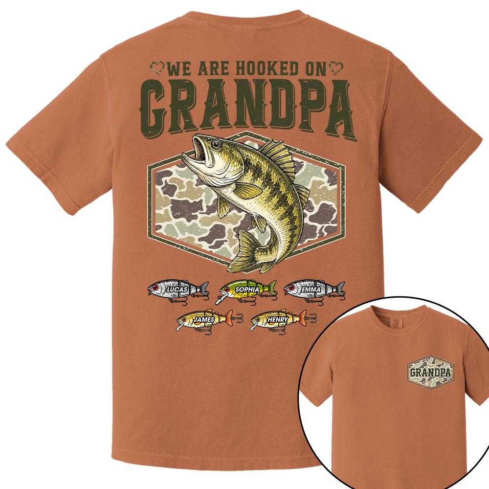 We Are Hooked On Grandpa Personalized Vintage Retro Fishing Shirt, Custom Fishing Gift for Dad, Father's Day Tee Na02 Hv01