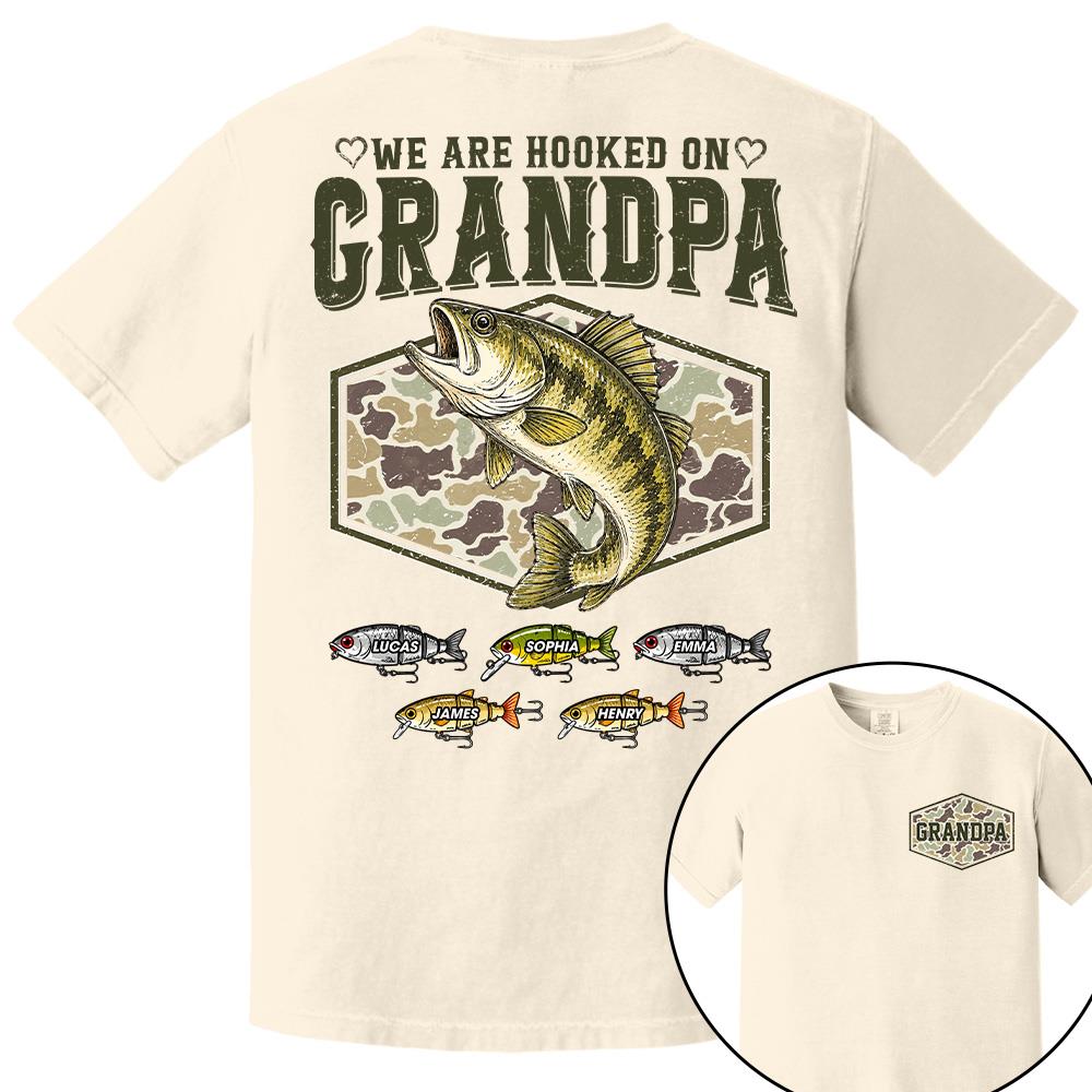 We Are Hooked On Grandpa Personalized Vintage Retro Fishing Shirt, Custom Fishing Gift for Dad, Father's Day Tee Na02 Hv01