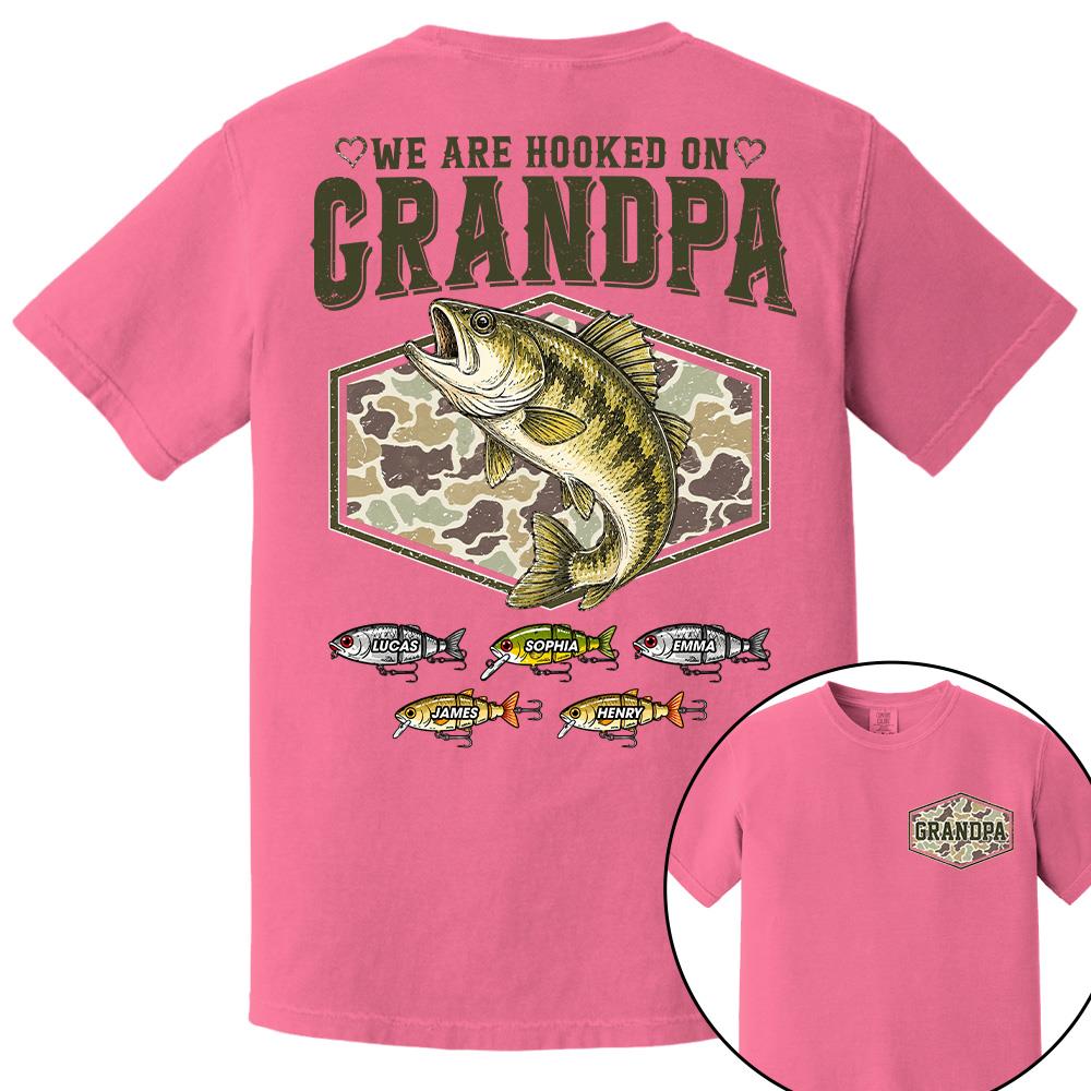 We Are Hooked On Grandpa Personalized Vintage Retro Fishing Shirt, Custom Fishing Gift for Dad, Father's Day Tee Na02 Hv01