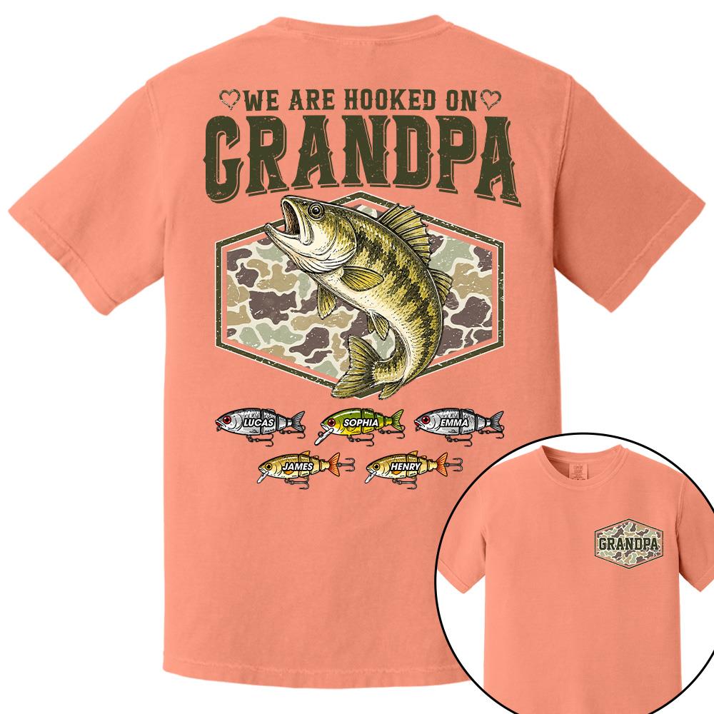 We Are Hooked On Grandpa Personalized Vintage Retro Fishing Shirt, Custom Fishing Gift for Dad, Father's Day Tee Na02 Hv01
