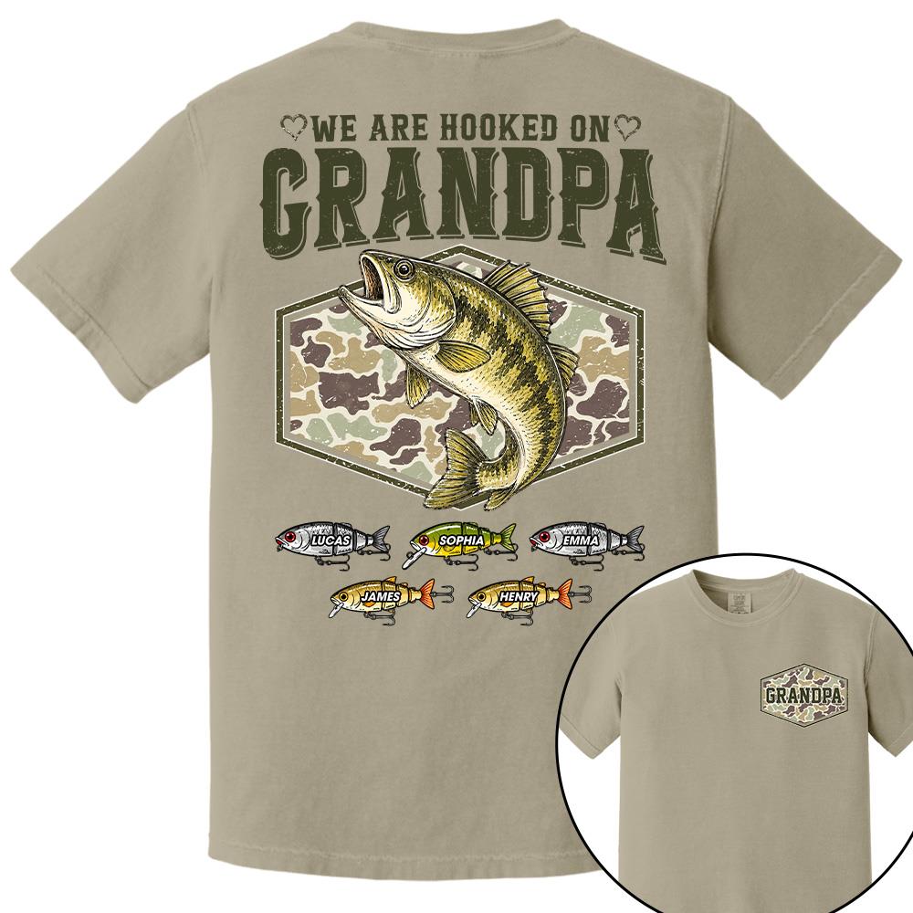 We Are Hooked On Grandpa Personalized Vintage Retro Fishing Shirt, Custom Fishing Gift for Dad, Father's Day Tee Na02 Hv01