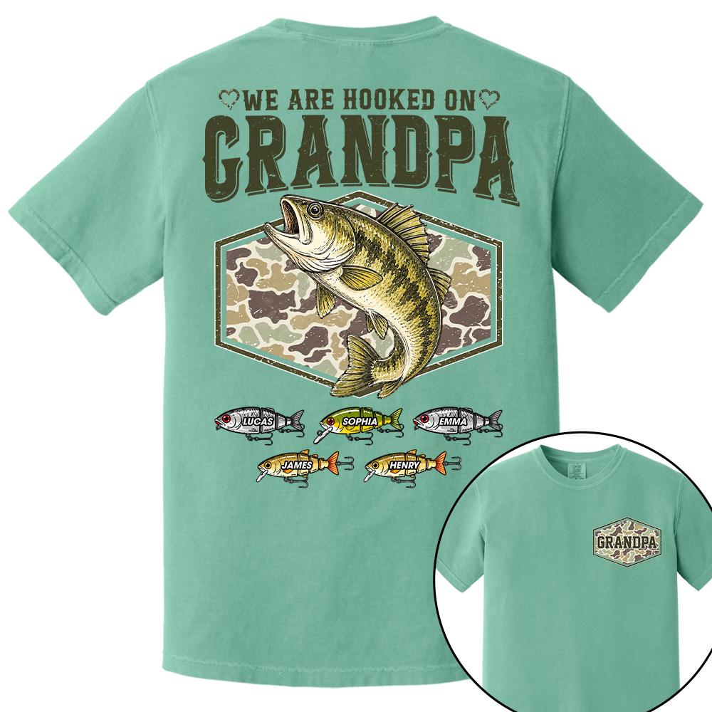 We Are Hooked On Grandpa Personalized Vintage Retro Fishing Shirt, Custom Fishing Gift for Dad, Father's Day Tee Na02 Hv01