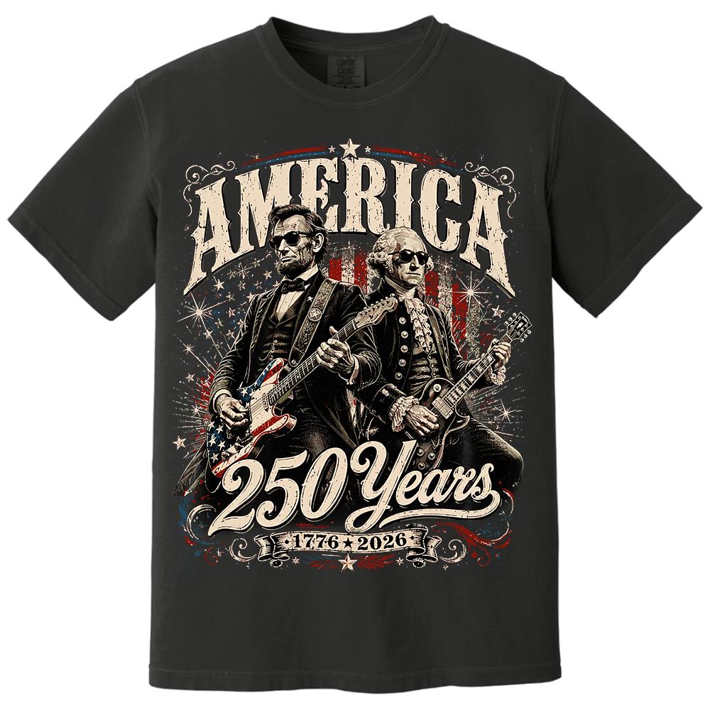 250 Years America Anniversary Guitar Shirt, George Washington & Lincoln Playing Guitar, Funny 4th of July Rock Tee Hv01