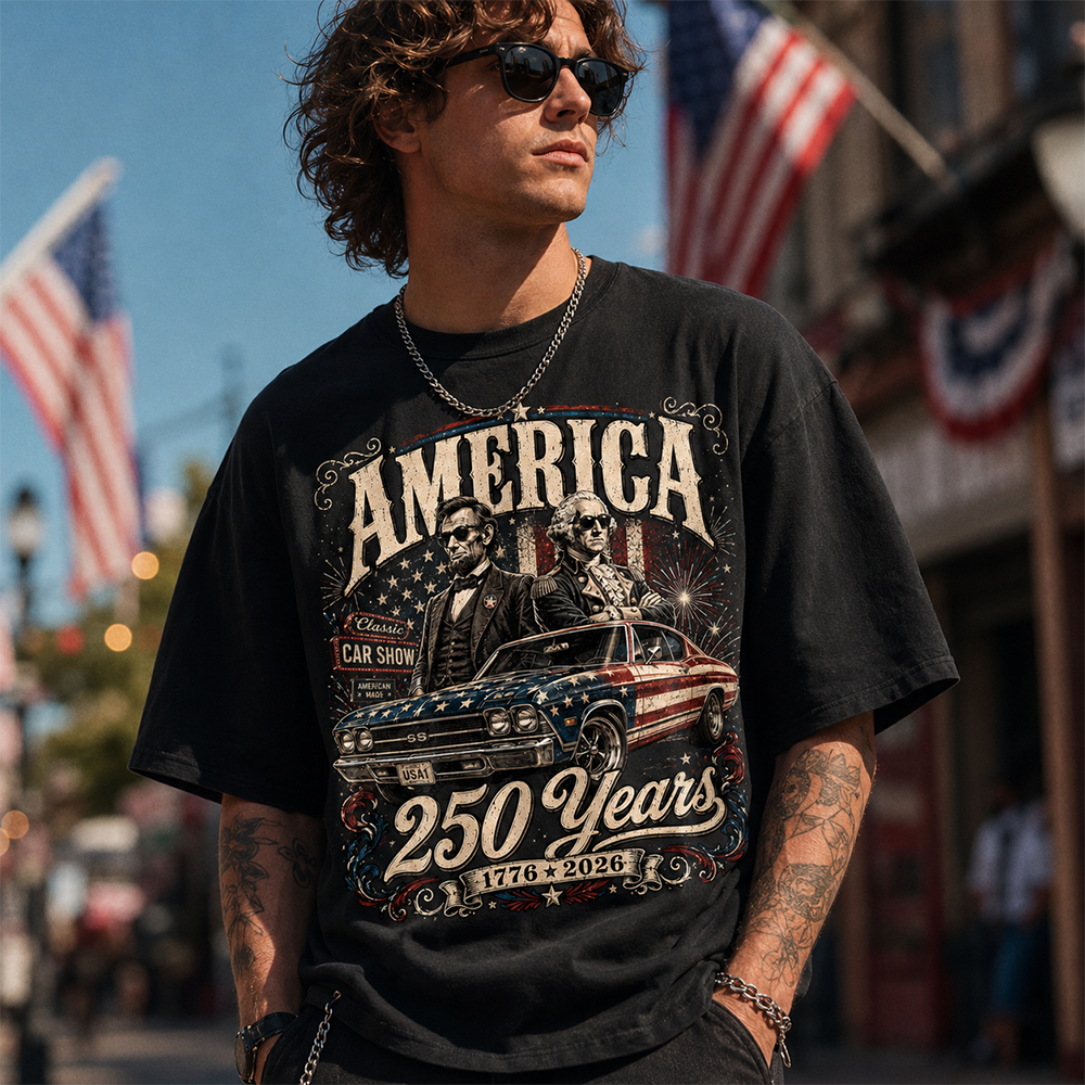 250 Years America Anniversary Classic Car Shirt, George Washington & Lincoln Playing Guitar, Funny 4th of July Tee For Car Lovers Hv01
