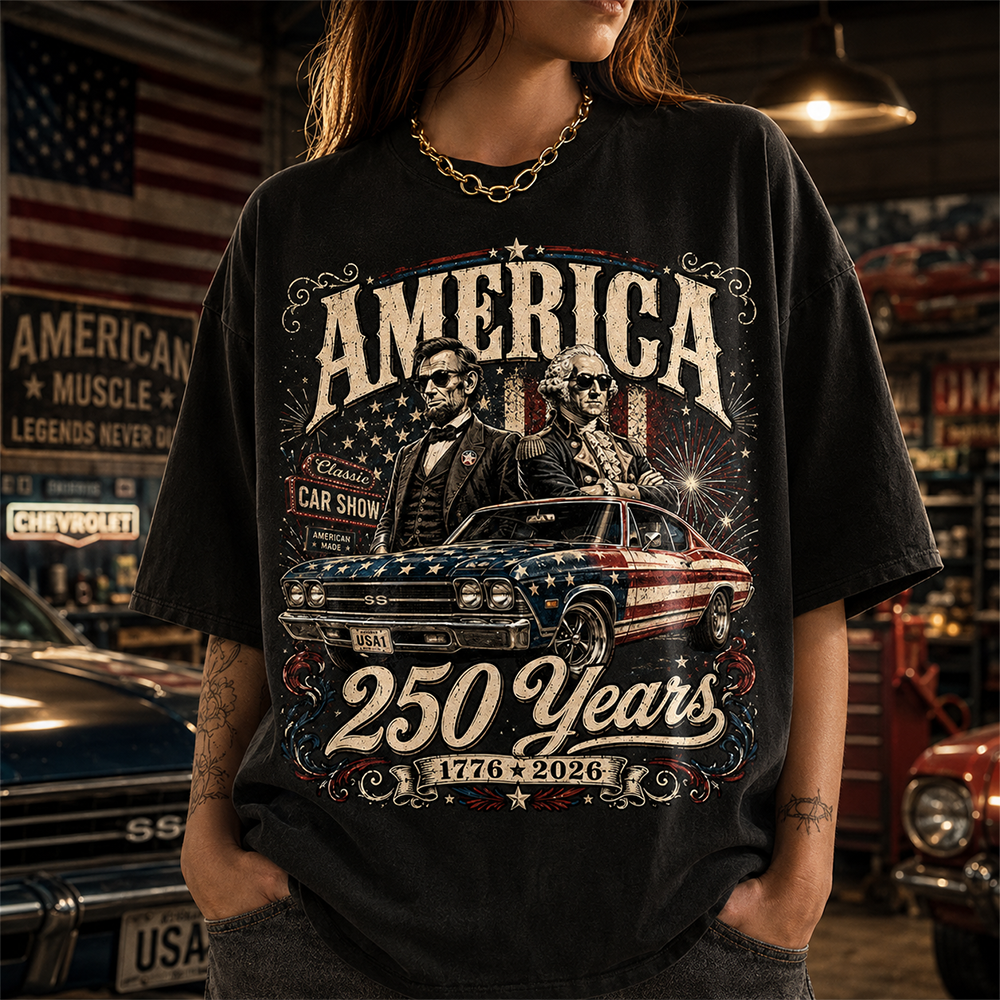 250 Years America Anniversary Classic Car Shirt, George Washington & Lincoln Playing Guitar, Funny 4th of July Tee For Car Lovers Hv01