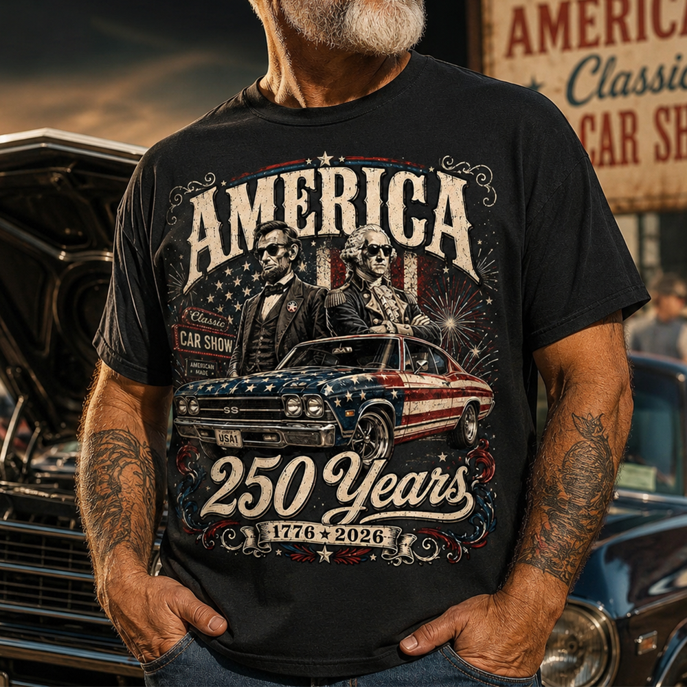 250 Years America Anniversary Classic Car Shirt, George Washington & Lincoln Playing Guitar, Funny 4th of July Tee For Car Lovers Hv01