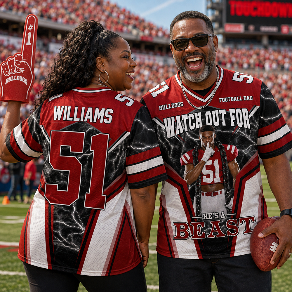 Watch Out for He’s a Beast Personalized Football Mom Jersey, Custom Name & Number Sports Jersey,Football Mom Gift Na02 Hv01