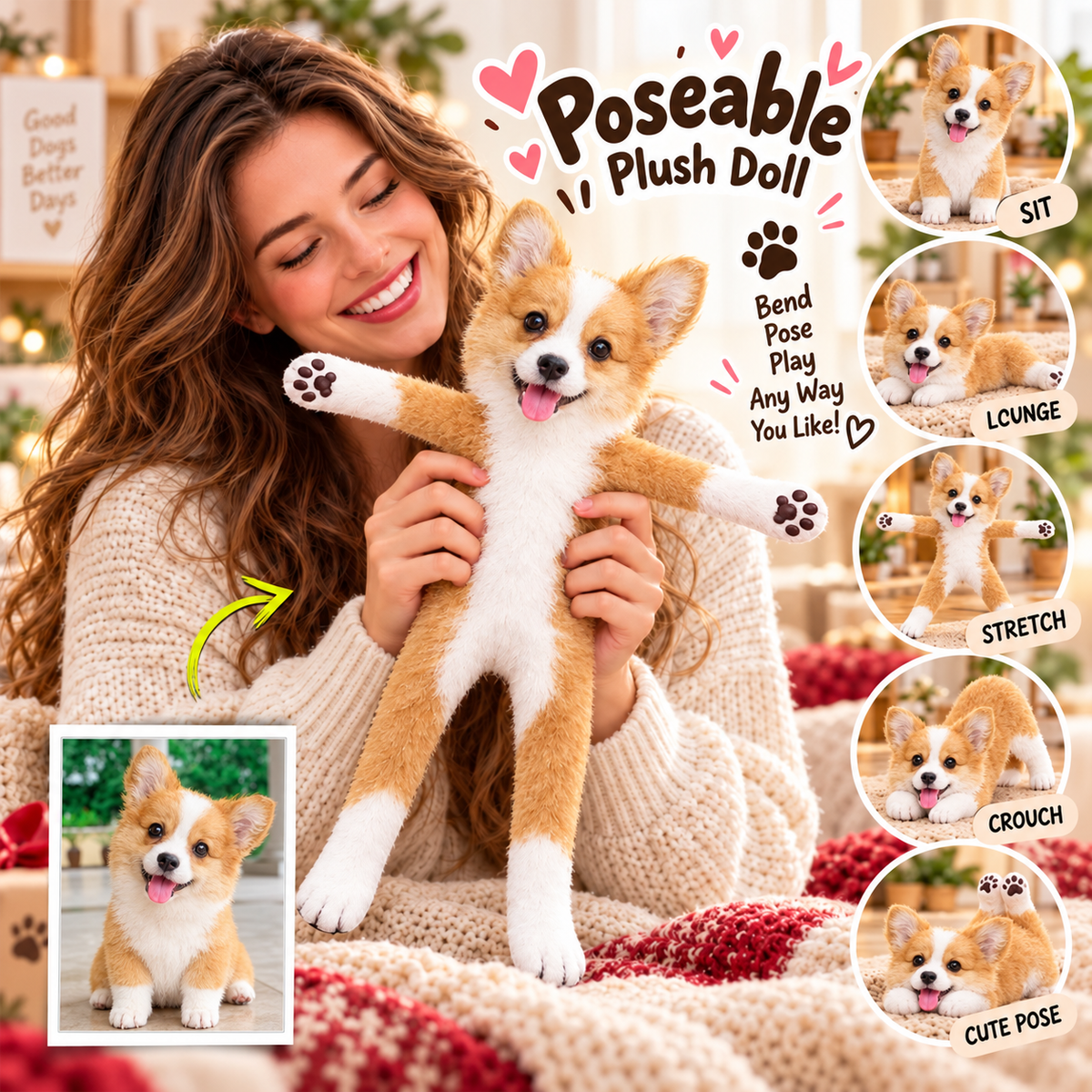 Personalized Welsh Corgi Photo Pet Squishy Toy Poseable Plush Doll, Funny Gift For Dog Mom, Dad, Pet Lover T1807 T24 TL06