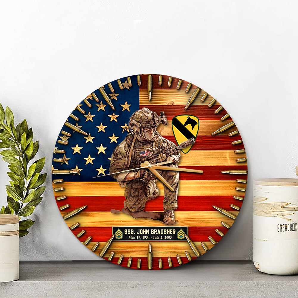 Personalized Wooden Wall Clock Custom Rank Name Division Veteran American Rustic Flag Gift For Veterans K1702 Trhn