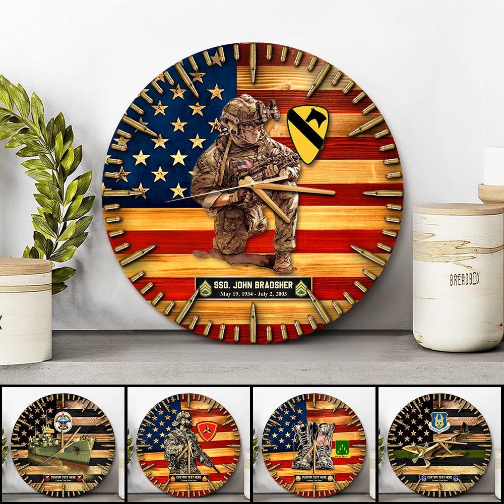 Personalized Wooden Wall Clock Custom Rank Name Division Veteran American Rustic Flag Gift For Veterans K1702 Trhn