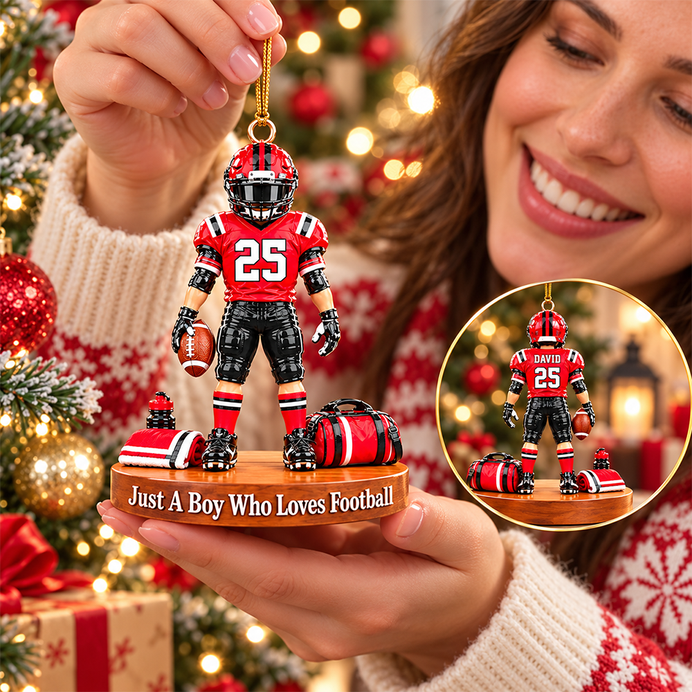 Luxury Personalized Football Player Christmas Ornament, Custom Name, Number & Uniform Colors, Just a Boy Who Loves Football Gift Hv01