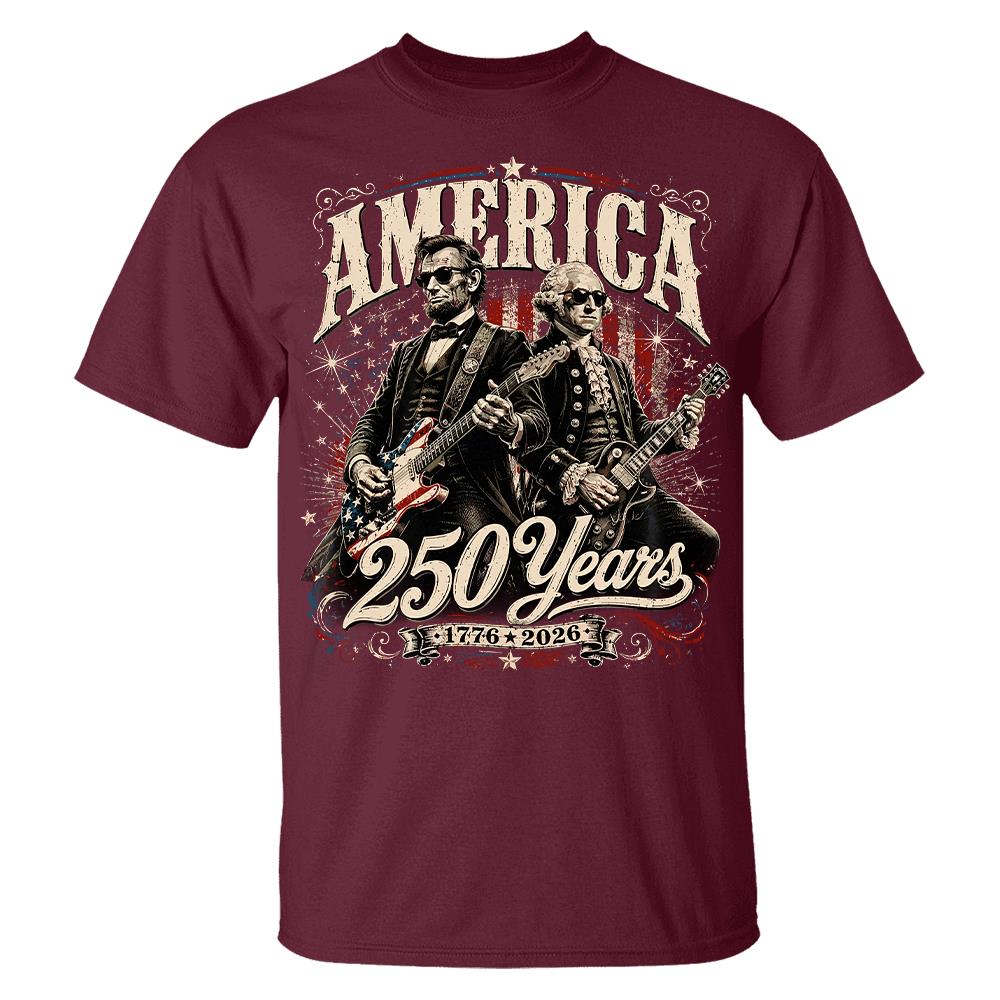 250 Years America Anniversary Guitar Shirt, George Washington & Lincoln Playing Guitar, Funny 4th of July Rock Tee Hv01