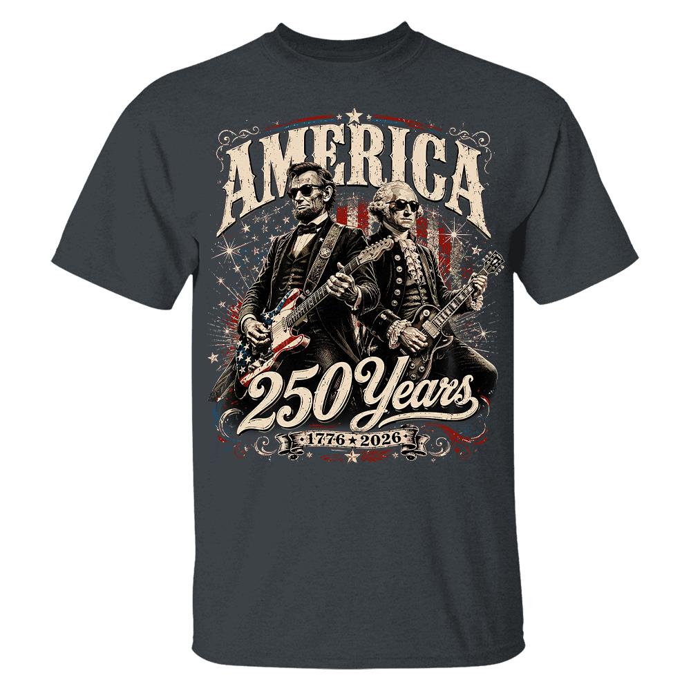 250 Years America Anniversary Guitar Shirt, George Washington & Lincoln Playing Guitar, Funny 4th of July Rock Tee Hv01