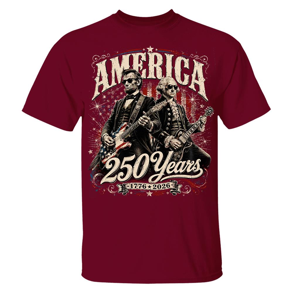 250 Years America Anniversary Guitar Shirt, George Washington & Lincoln Playing Guitar, Funny 4th of July Rock Tee Hv01