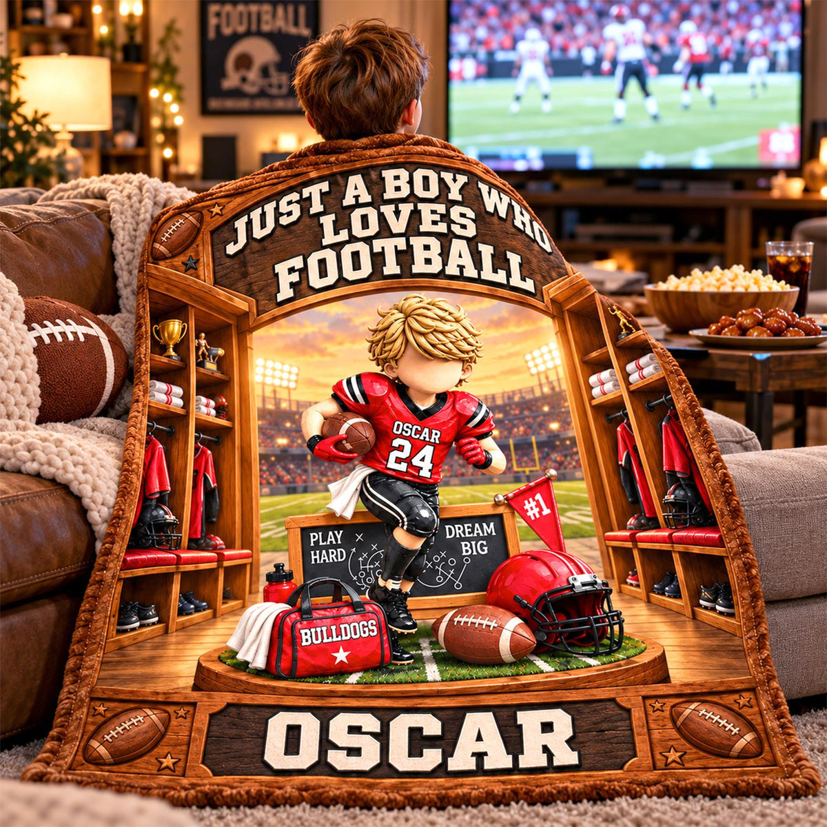 Personalized Just A Boy Who Loves Football Blanket, Custom Player Name & Number Gift, Christmas Keepsake C2408 Hv01 TL06