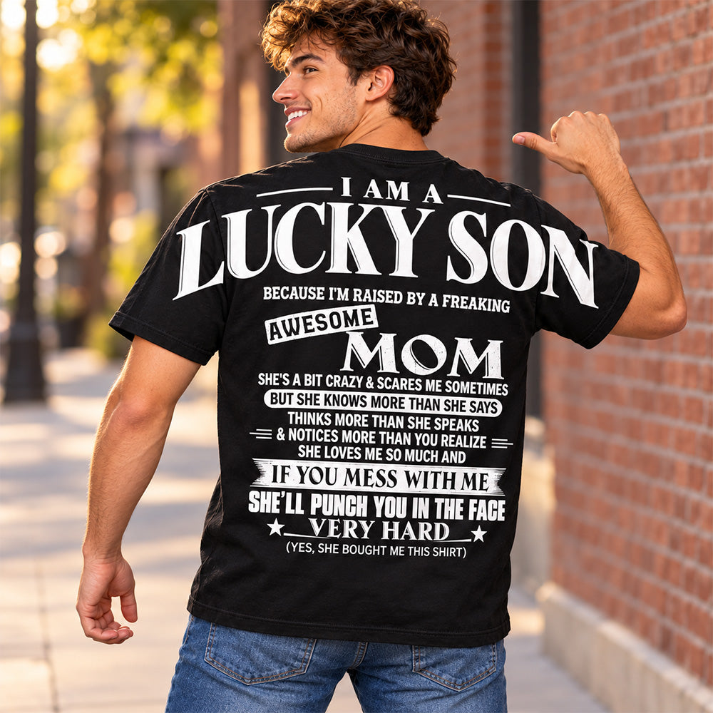 Lucky Son Shirts – Oversized Shoulder Print, Gift for Son from Mom T24