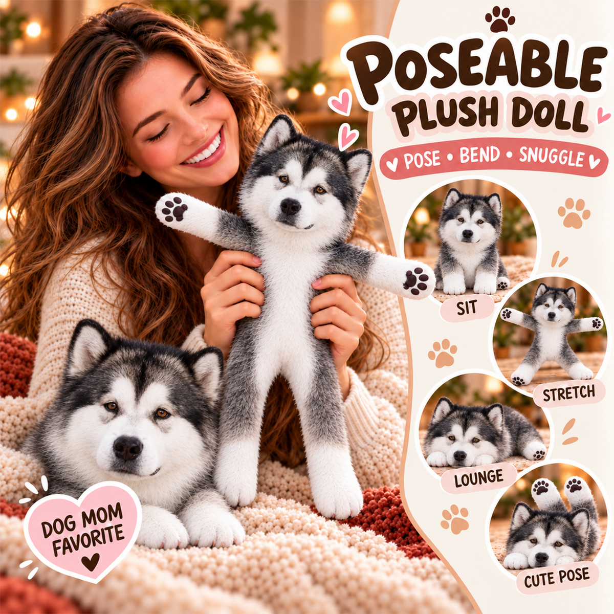 Personalized Alaskan Malamute Photo Pet Squishy Toy Poseable Plush Doll, Funny Gift For Dog Mom, Dad, Pet Lover T1807 T24 TL06