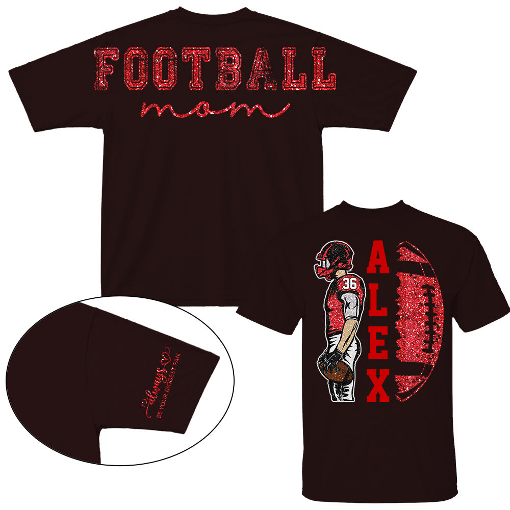 Personalized Football Mom Shirt, Custom Oversized Back Print & Cute Sleeve Detail, Player Name Number Game Day Shirt