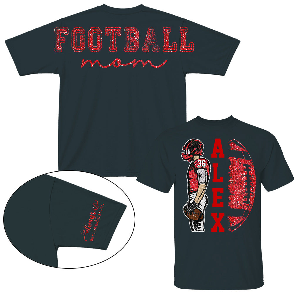 Personalized Football Mom Shirt, Custom Oversized Back Print & Cute Sleeve Detail, Player Name Number Game Day Shirt