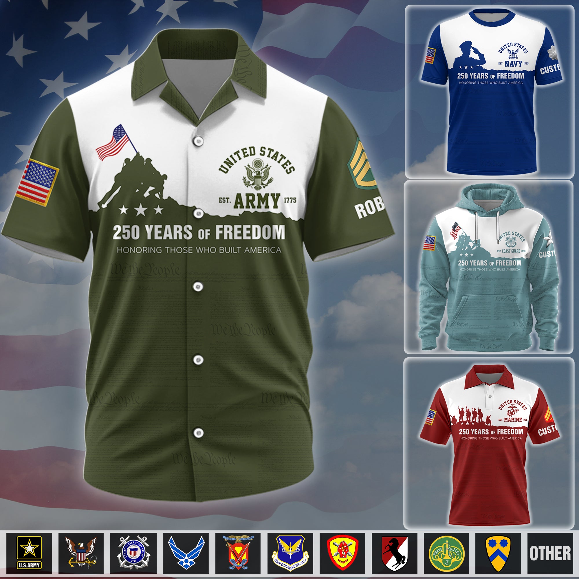 Custom All Over Print Shirt 250 Years Of Freedom Honoring Those Who Built America Available All Military Branches Gift For Veterans K1702 MT2