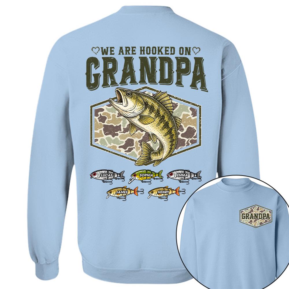 We Are Hooked On Grandpa Personalized Vintage Retro Fishing Shirt, Custom Fishing Gift for Dad, Father's Day Tee Na02 Hv01