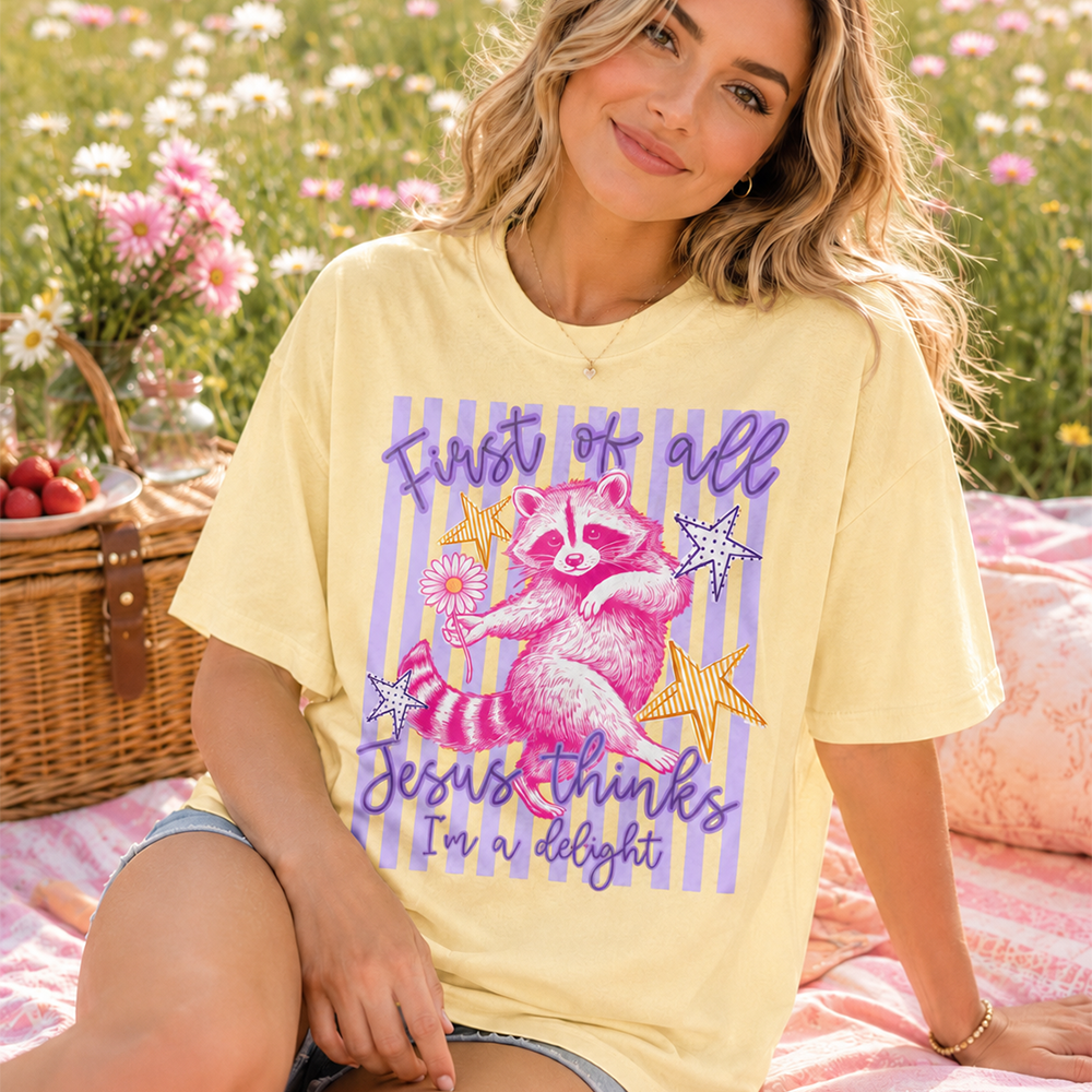Custom First of All Jesus Thinks I'm A Delight Christian Humor T-shirt, Preppy Striped Summer, Funny Feral Raccoon, Dog, Cat Shirt Hv01