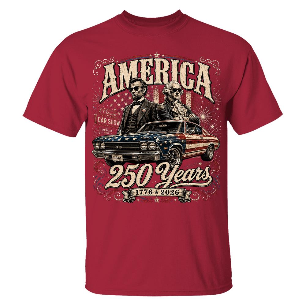 250 Years America Anniversary Classic Car Shirt, George Washington & Lincoln Playing Guitar, Funny 4th of July Tee For Car Lovers Hv01