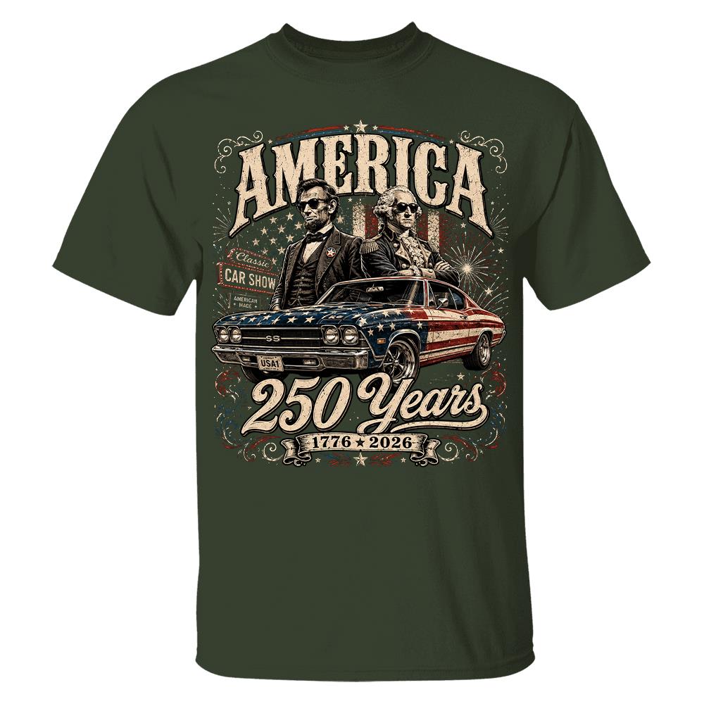 250 Years America Anniversary Classic Car Shirt, George Washington & Lincoln Playing Guitar, Funny 4th of July Tee For Car Lovers Hv01