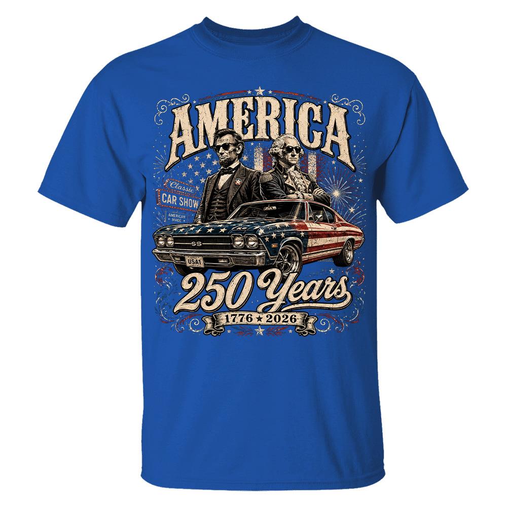 250 Years America Anniversary Classic Car Shirt, George Washington & Lincoln Playing Guitar, Funny 4th of July Tee For Car Lovers Hv01