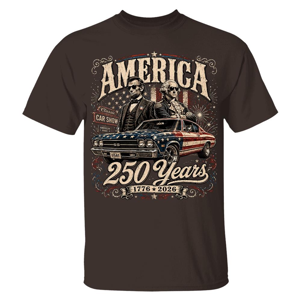 250 Years America Anniversary Classic Car Shirt, George Washington & Lincoln Playing Guitar, Funny 4th of July Tee For Car Lovers Hv01