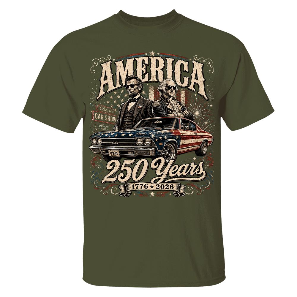 250 Years America Anniversary Classic Car Shirt, George Washington & Lincoln Playing Guitar, Funny 4th of July Tee For Car Lovers Hv01