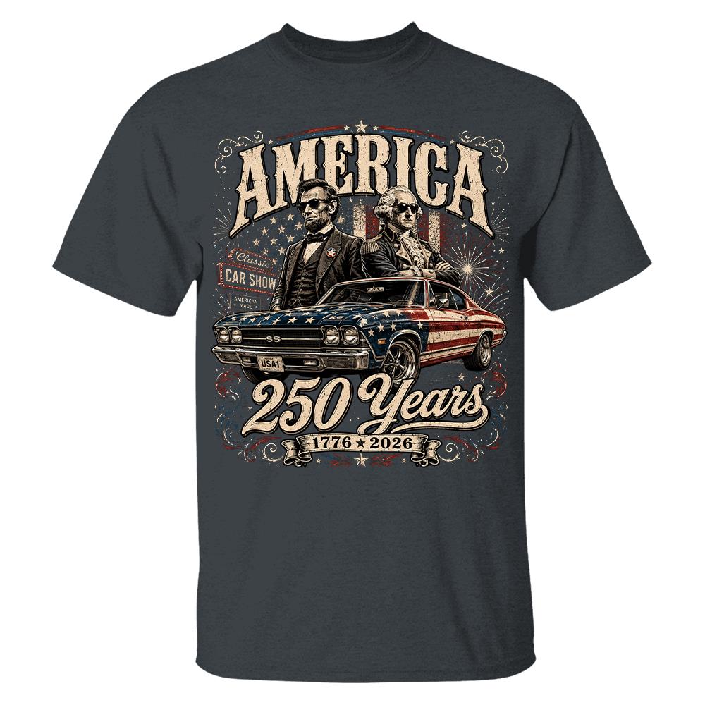 250 Years America Anniversary Classic Car Shirt, George Washington & Lincoln Playing Guitar, Funny 4th of July Tee For Car Lovers Hv01