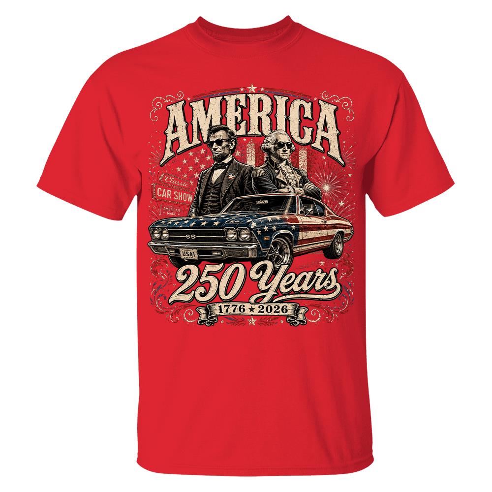 250 Years America Anniversary Classic Car Shirt, George Washington & Lincoln Playing Guitar, Funny 4th of July Tee For Car Lovers Hv01