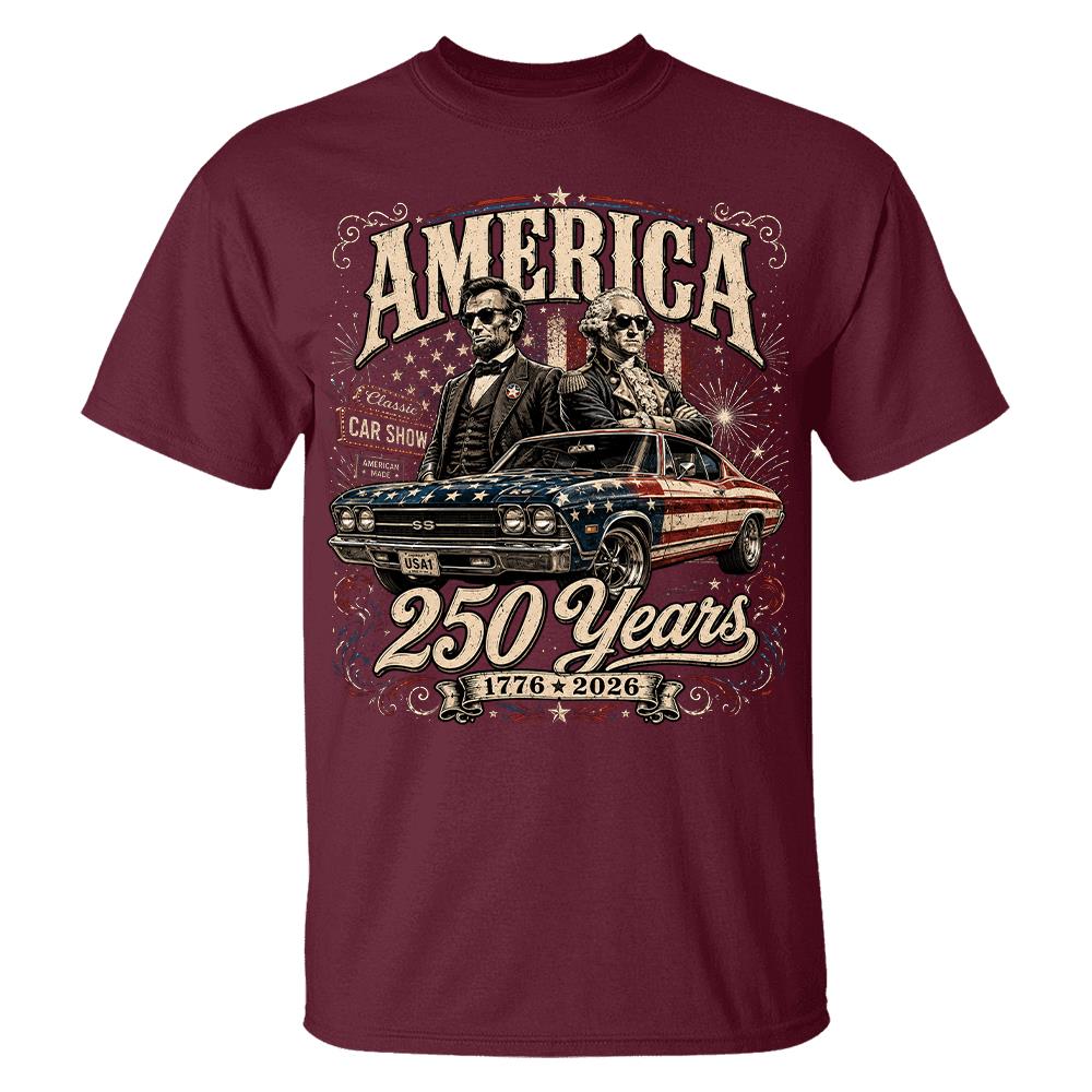 250 Years America Anniversary Classic Car Shirt, George Washington & Lincoln Playing Guitar, Funny 4th of July Tee For Car Lovers Hv01