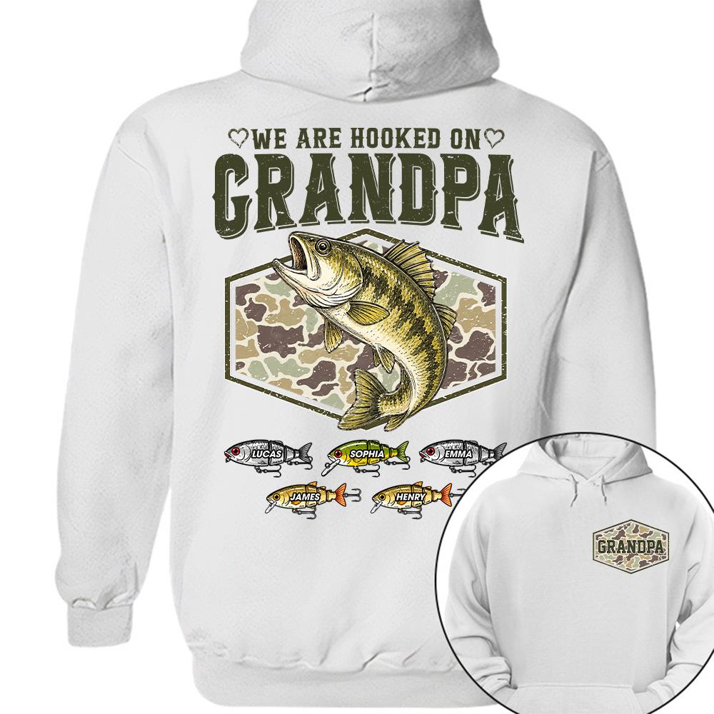 We Are Hooked On Grandpa Personalized Vintage Retro Fishing Shirt, Custom Fishing Gift for Dad, Father's Day Tee Na02 Hv01