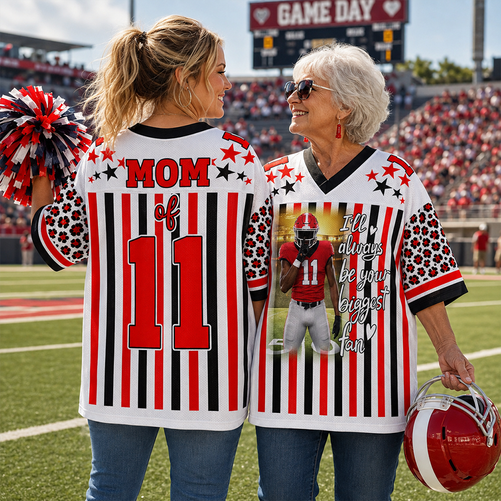 Personalized Football Jersey Shirt with Photo, Custom Team Name & Mascot, Black Gold Leopard Game Day Gift for Mom, Dad & Grandma Hv01