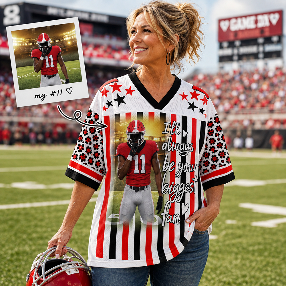 Personalized Football Jersey Shirt with Photo, Custom Team Name & Mascot, Black Gold Leopard Game Day Gift for Mom, Dad & Grandma Hv01