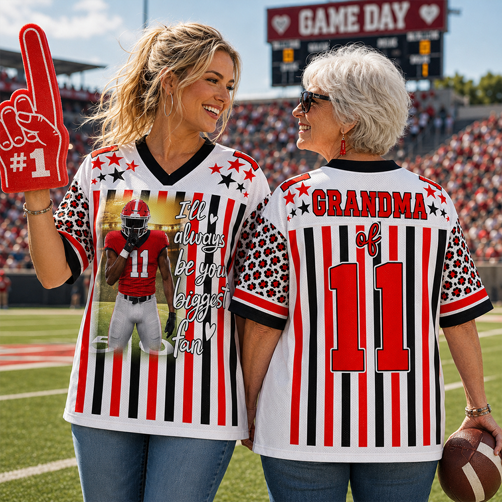 Personalized Football Jersey Shirt with Photo, Custom Team Name & Mascot, Black Gold Leopard Game Day Gift for Mom, Dad & Grandma Hv01
