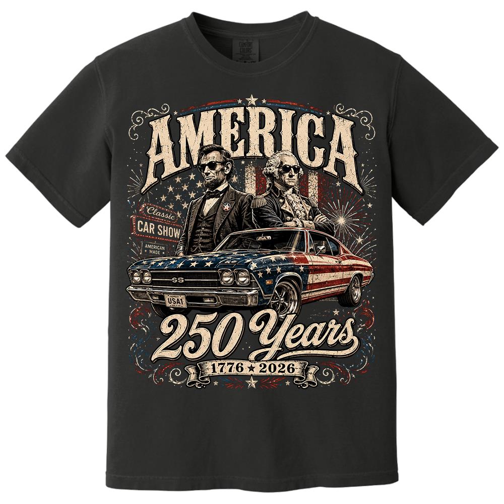 250 Years America Anniversary Classic Car Shirt, George Washington & Lincoln Playing Guitar, Funny 4th of July Tee For Car Lovers Hv01