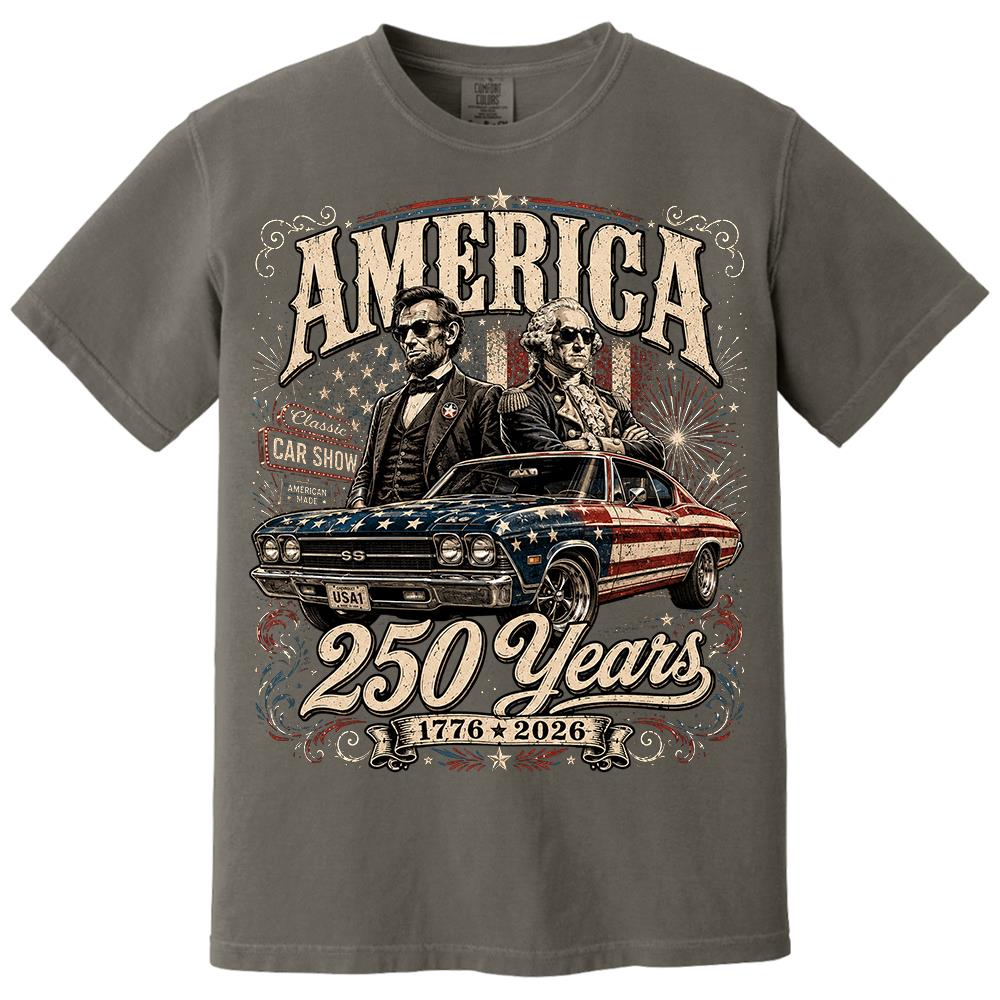 250 Years America Anniversary Classic Car Shirt, George Washington & Lincoln Playing Guitar, Funny 4th of July Tee For Car Lovers Hv01