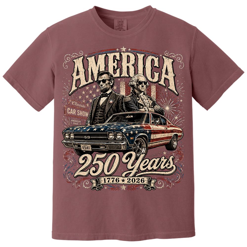 250 Years America Anniversary Classic Car Shirt, George Washington & Lincoln Playing Guitar, Funny 4th of July Tee For Car Lovers Hv01