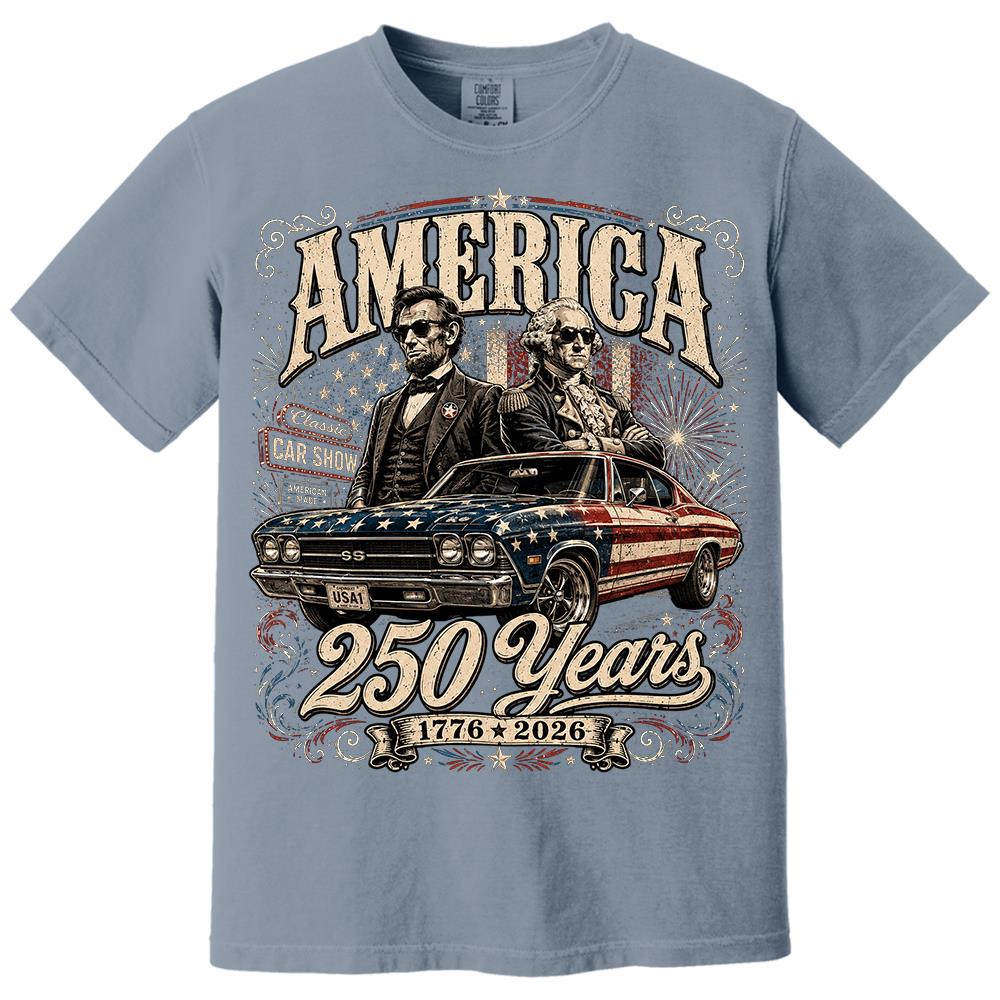 250 Years America Anniversary Classic Car Shirt, George Washington & Lincoln Playing Guitar, Funny 4th of July Tee For Car Lovers Hv01