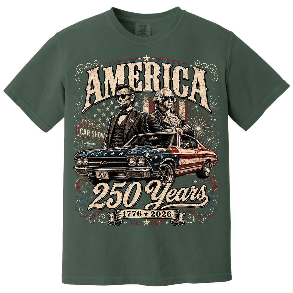 250 Years America Anniversary Classic Car Shirt, George Washington & Lincoln Playing Guitar, Funny 4th of July Tee For Car Lovers Hv01