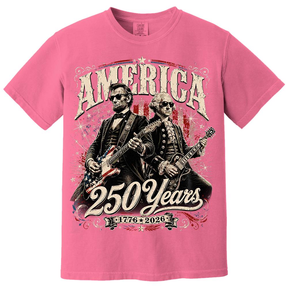 250 Years America Anniversary Guitar Shirt, George Washington & Lincoln Playing Guitar, Funny 4th of July Rock Tee Hv01