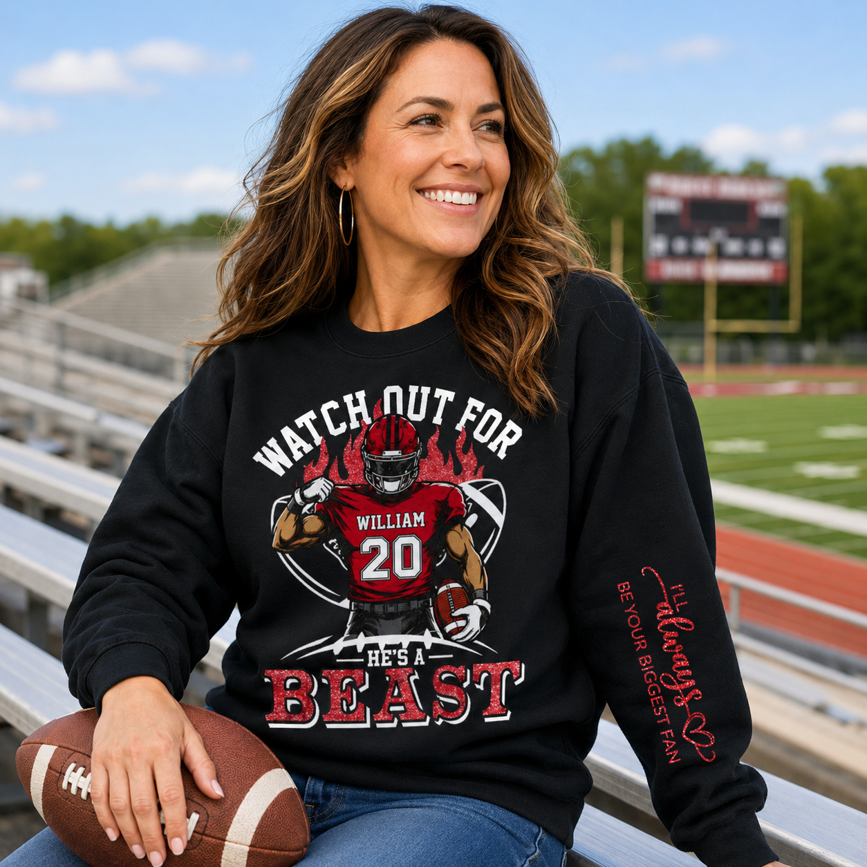 Personalized Watch Out For He's A Beast Football Mom Shirt, Custom Team Player Name Number Front, Oversized Back Print & Sleeve Detail, Game Day Mom Shirt Pt99