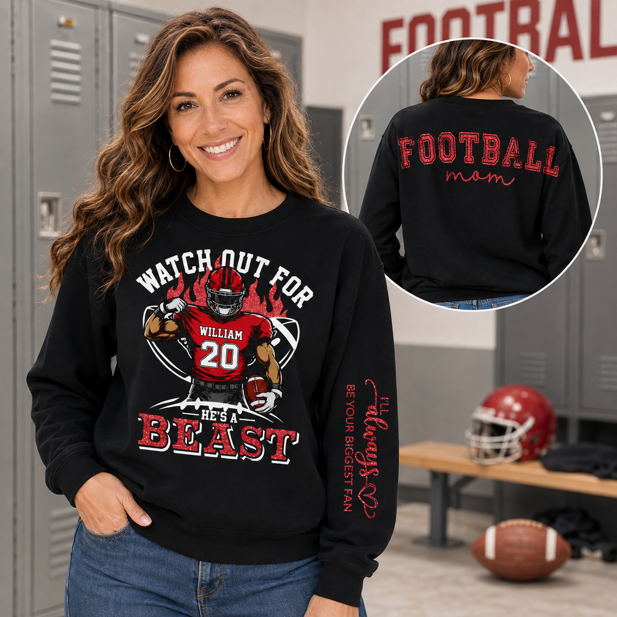 Personalized Watch Out For He's A Beast Football Mom Shirt, Custom Team Player Name Number Front, Oversized Back Print & Sleeve Detail, Game Day Mom Shirt Pt99