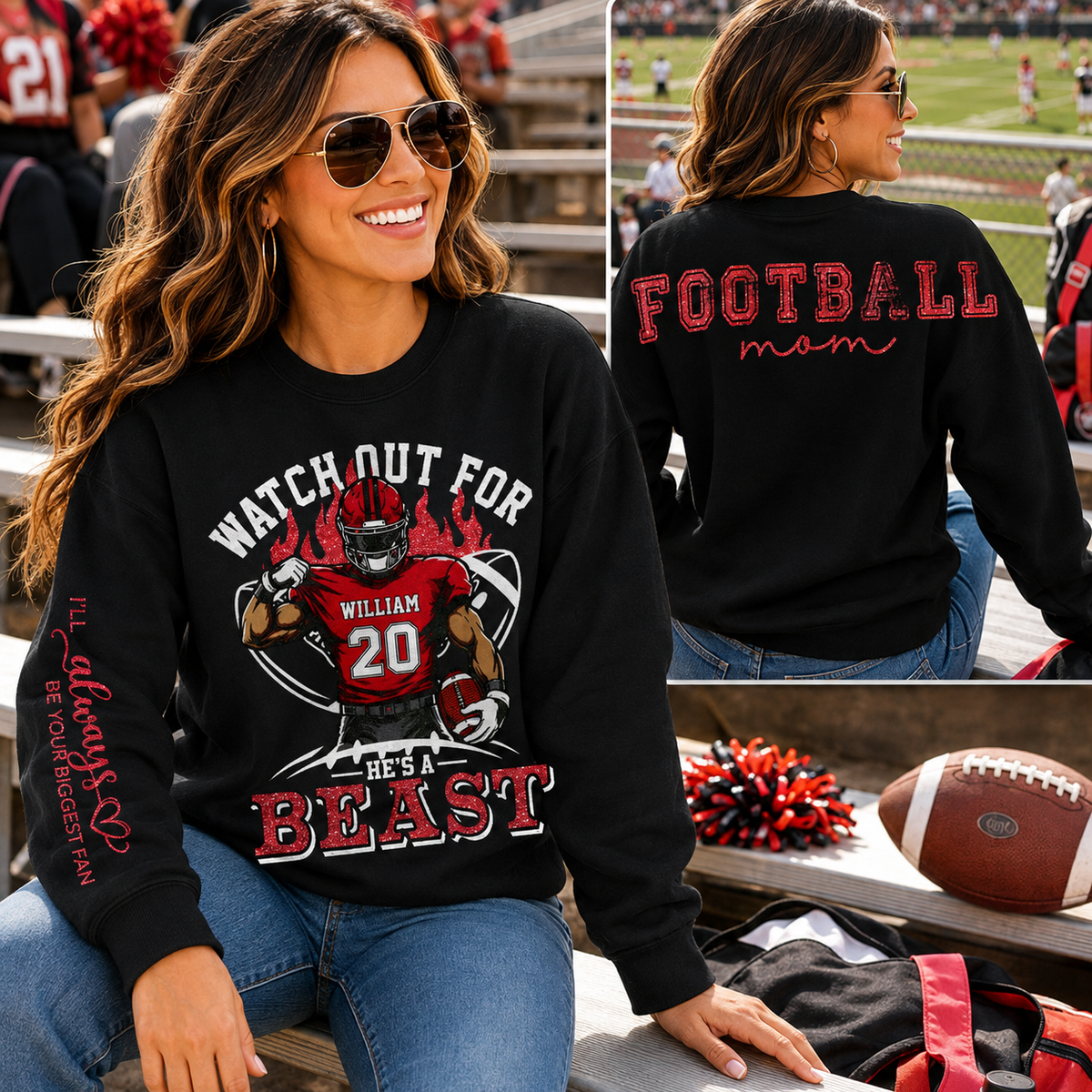 Personalized Watch Out For He's A Beast Football Mom Shirt, Custom Team Player Name Number Front, Oversized Back Print & Sleeve Detail, Game Day Mom Shirt Pt99
