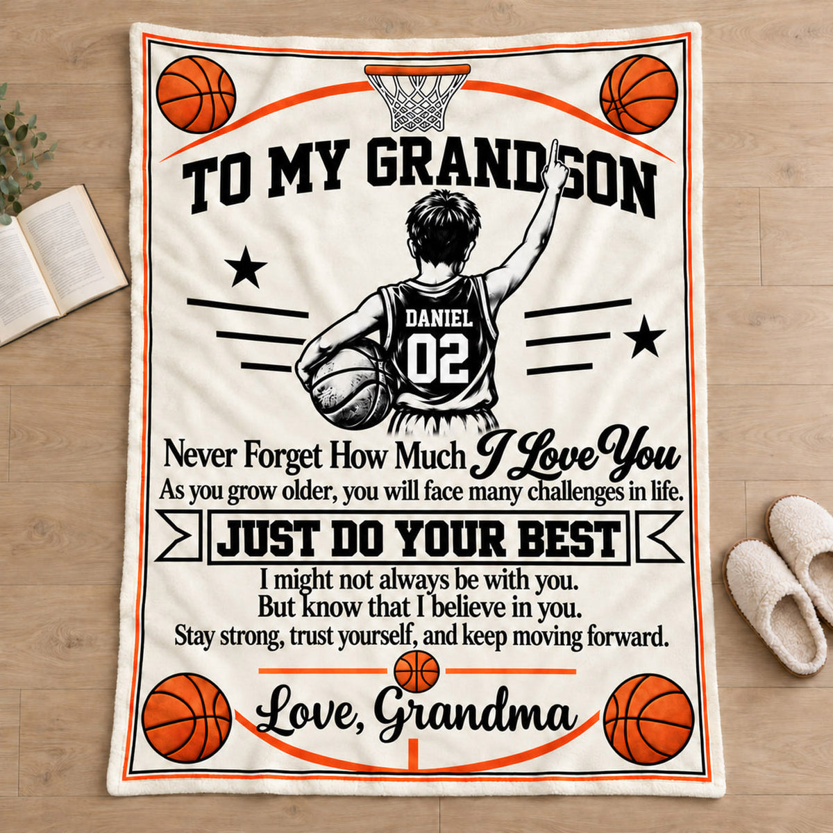 Personalized Basketball Blanket for Grandson, Custom Name & Number Basketball Player Throw Blanket, Gift from Grandma Na02 Nh00 DN10